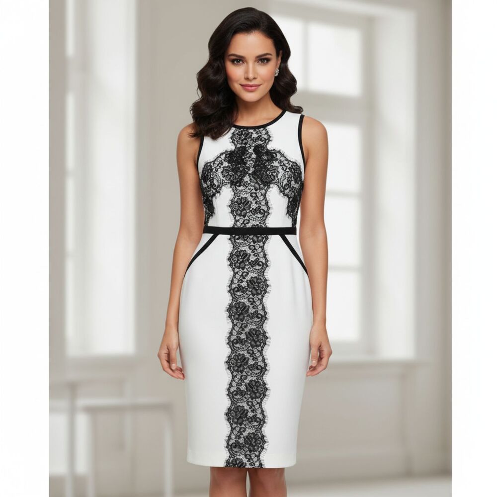 Nicole Miller Size M White Black Lace Sheath Dress Sleeveless Cocktail Party